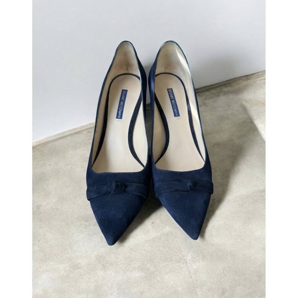 Stuart Weitzman Fontaine Blue Suede Bow Pumps Heels Sz 10 Pointed Toe Spain